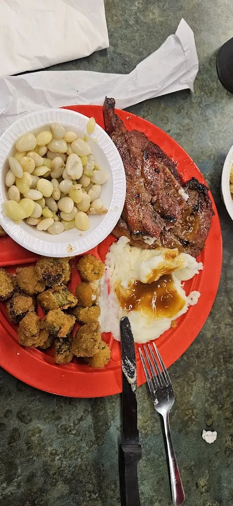 Pork Steak with Mash Potatoes Lime Beans and Okra
